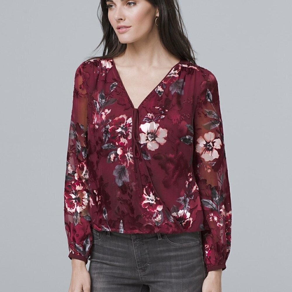 WHBM Burgundy Floral Burnout Faux Wrap Top